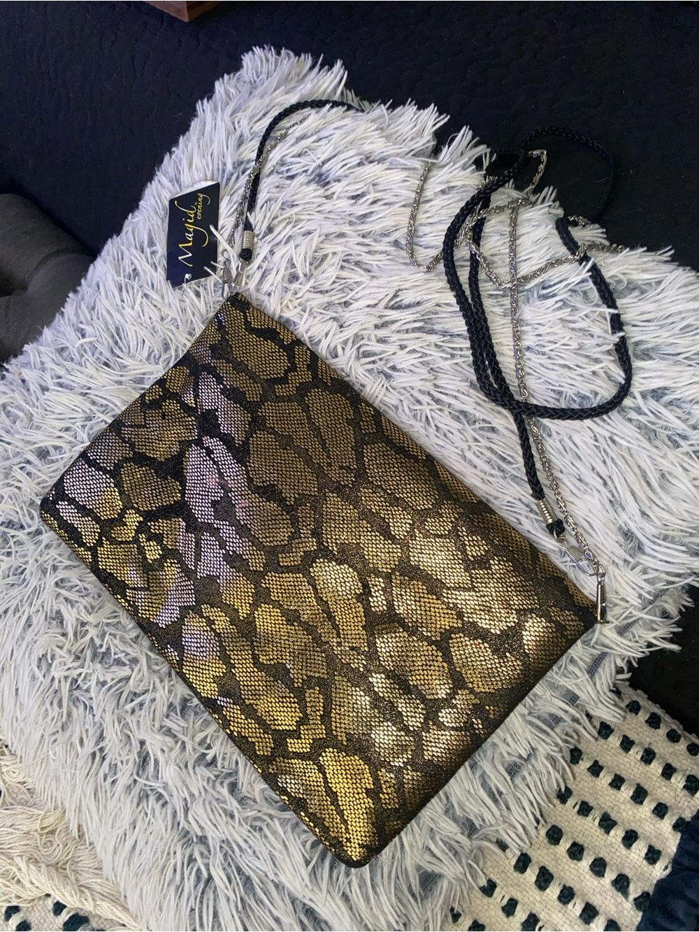 Dollcake Gold and Black Snake-Print Crossbody Clutch